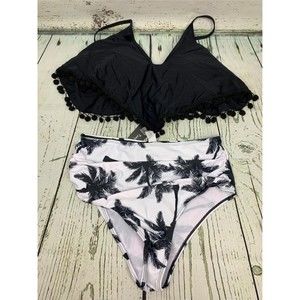 High Waisted Bikini Swimsuit for Women Flounce Pom Pom Trim Bathing XL
